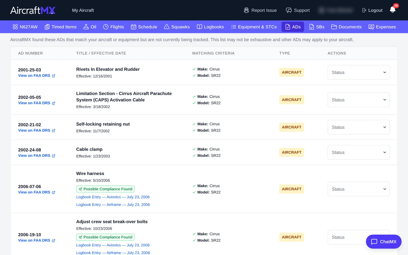 ADs needing review, with matching criteria and possible compliance