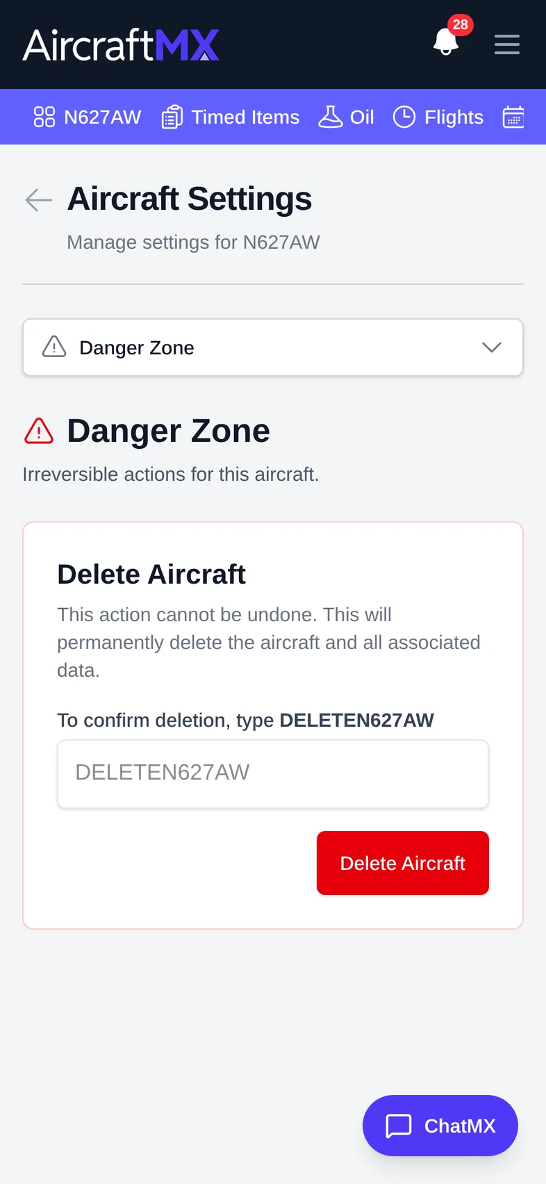 delete an aircraft mobile 01