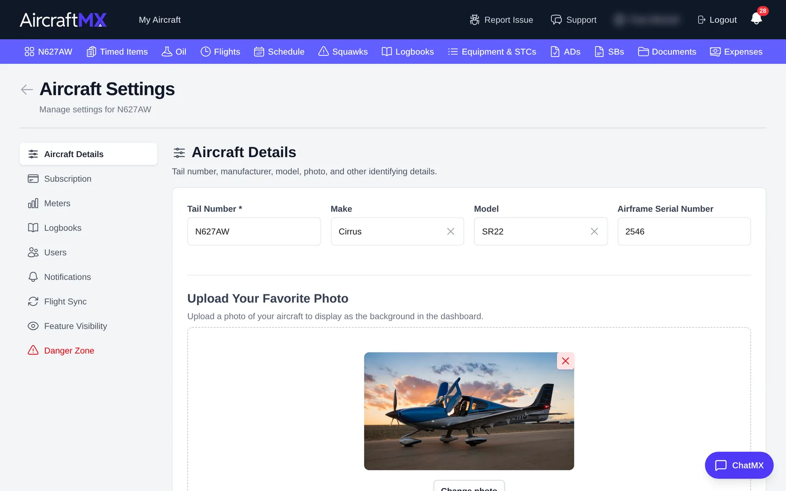 Aircraft Settings, Aircraft Details section