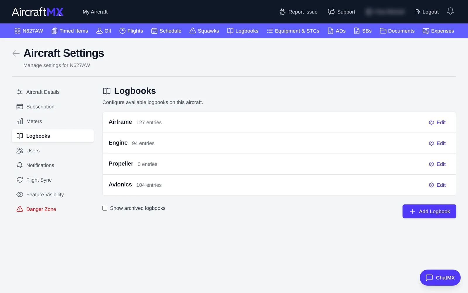 Logbooks section of Aircraft Settings