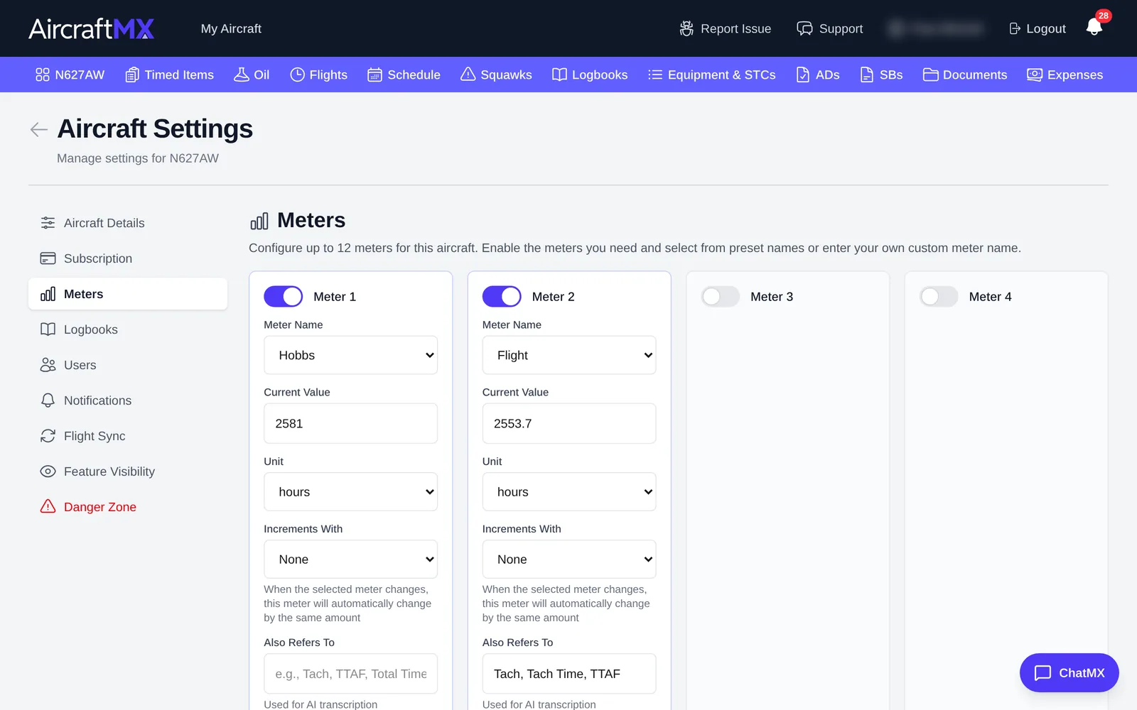 Meters settings with Meter 1 and Meter 2 enabled