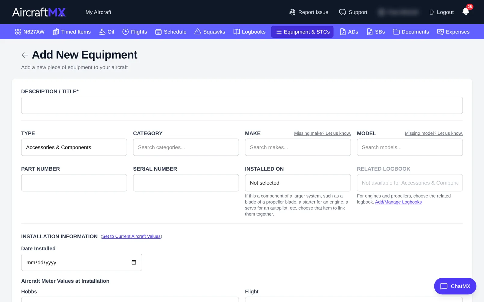 Add New Equipment form