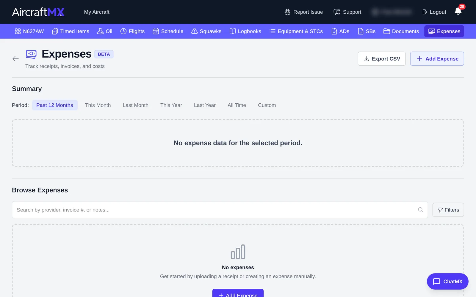 Expenses page with no expenses yet