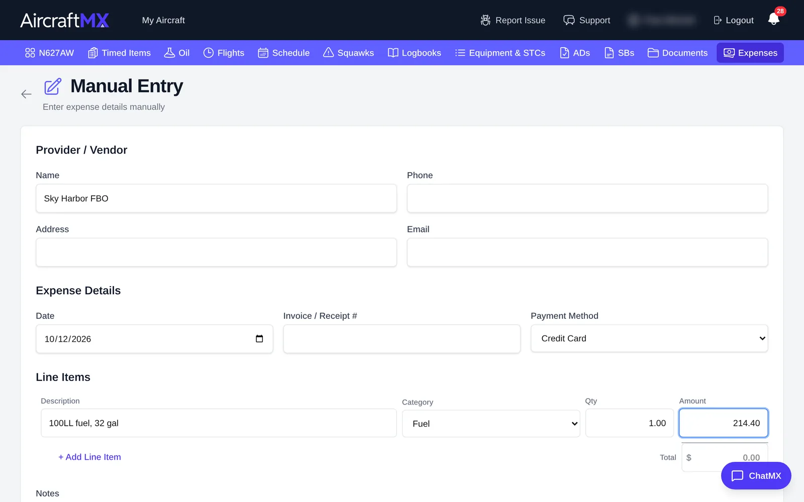 Manual Entry form