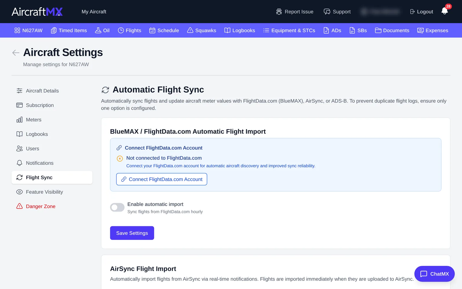 Automatic Flight Sync settings, FlightData.com section