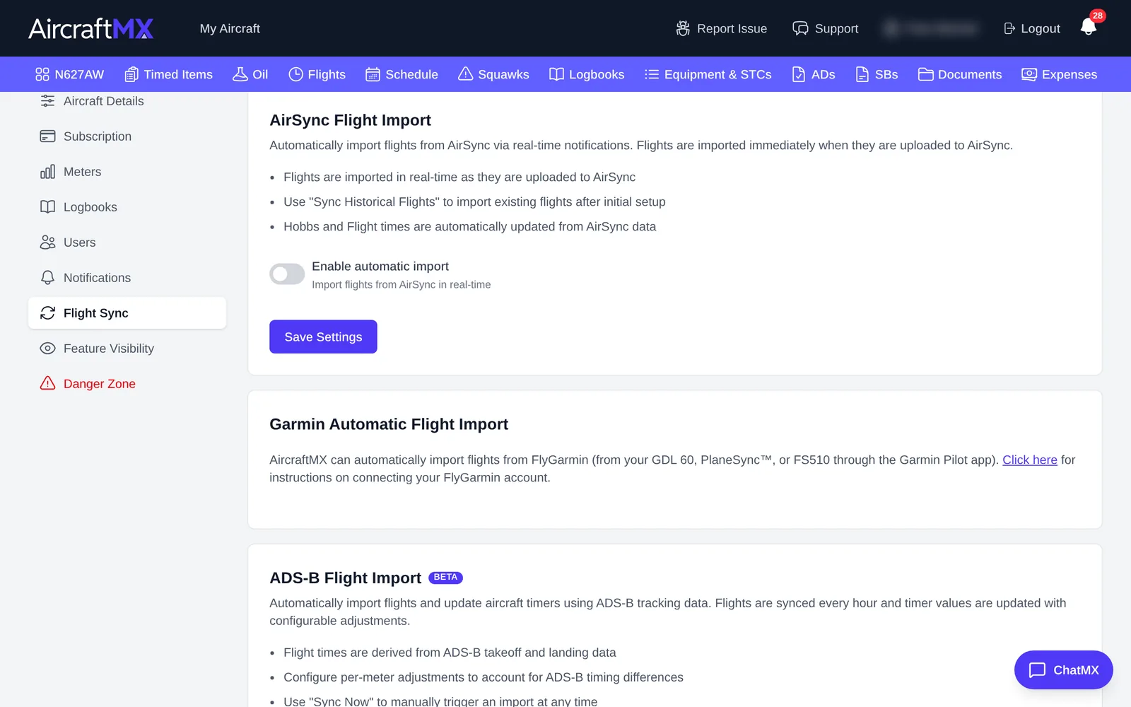 Garmin Automatic Flight Import in aircraft settings