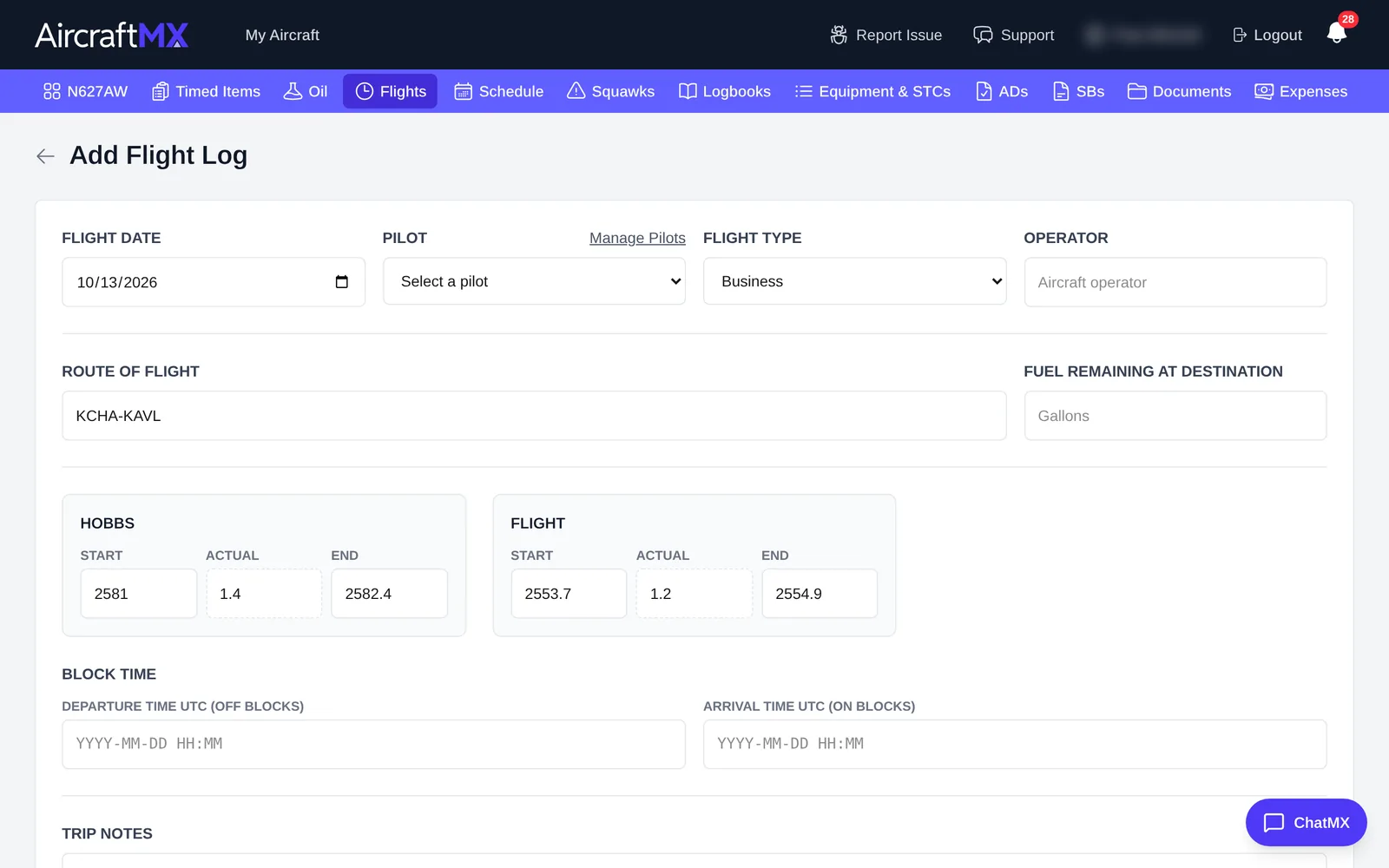 Add Flight Log form, filled in