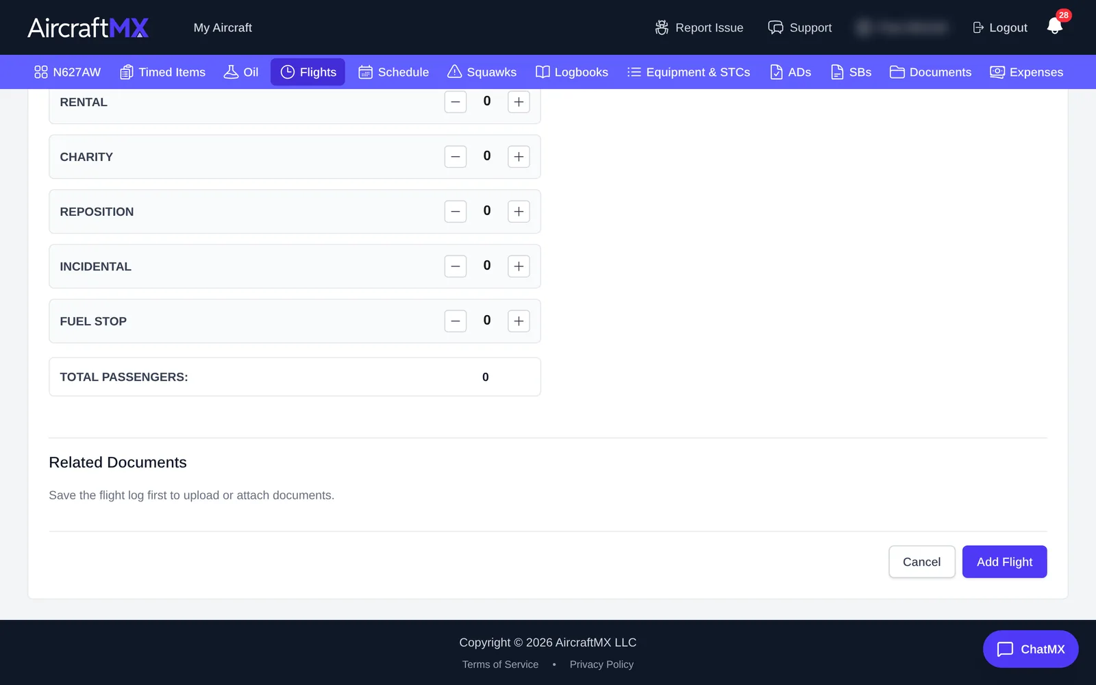 Bottom of the form with Add Flight