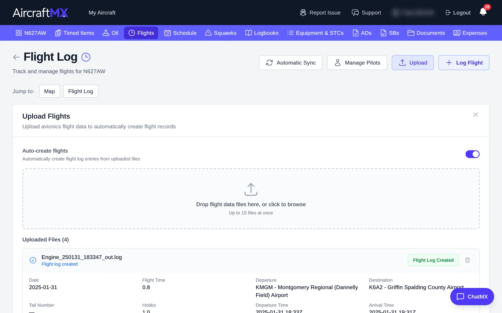 Upload Flights panel