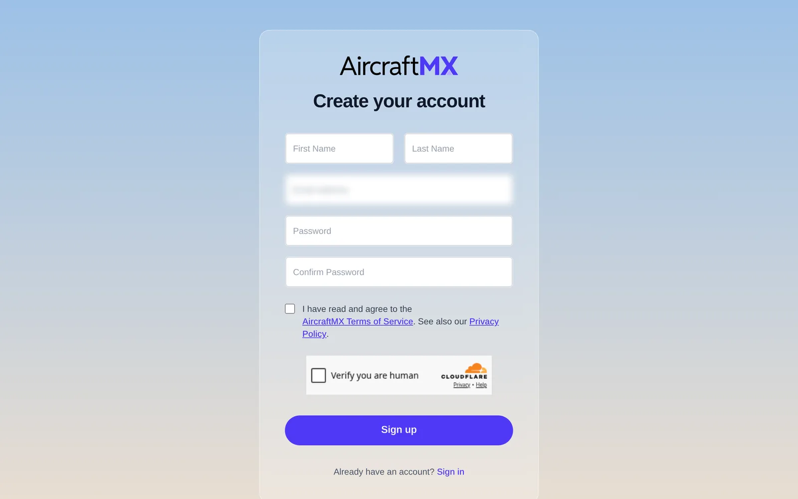 Create your account form