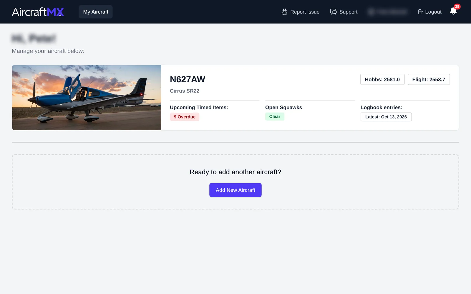 My Aircraft page with an aircraft card