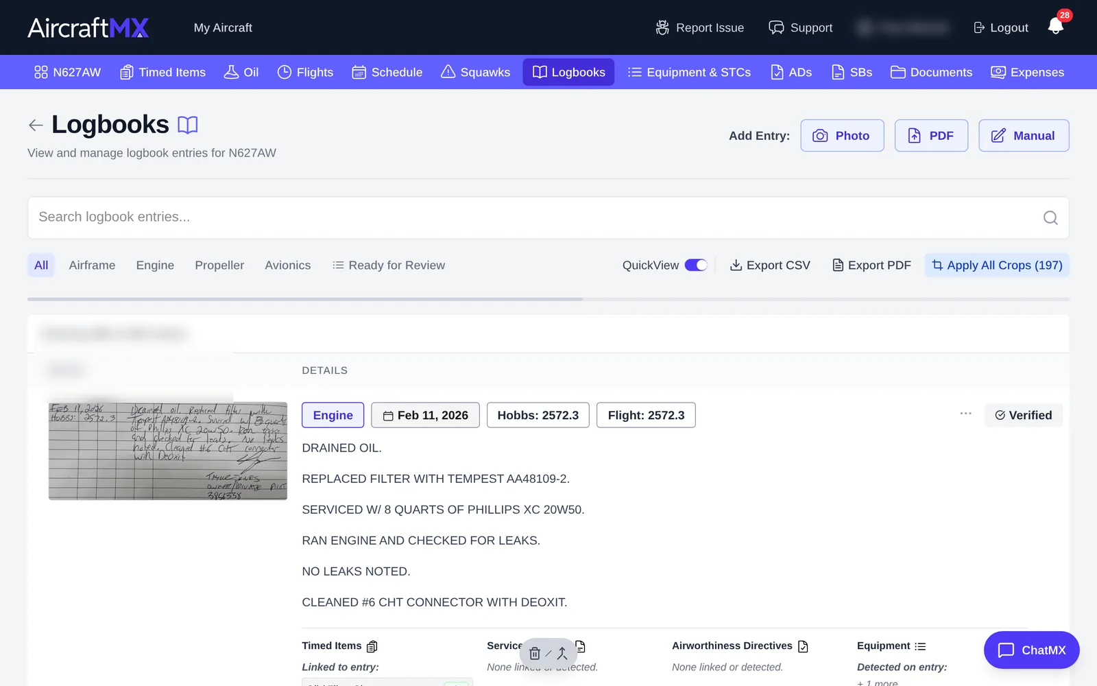 Logbooks page with Add Entry buttons
