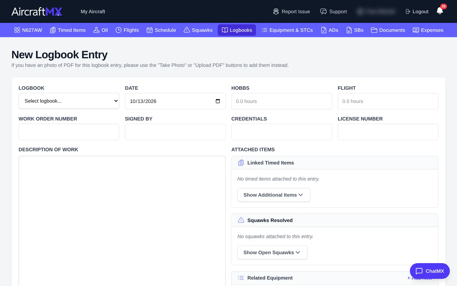 New Logbook Entry form