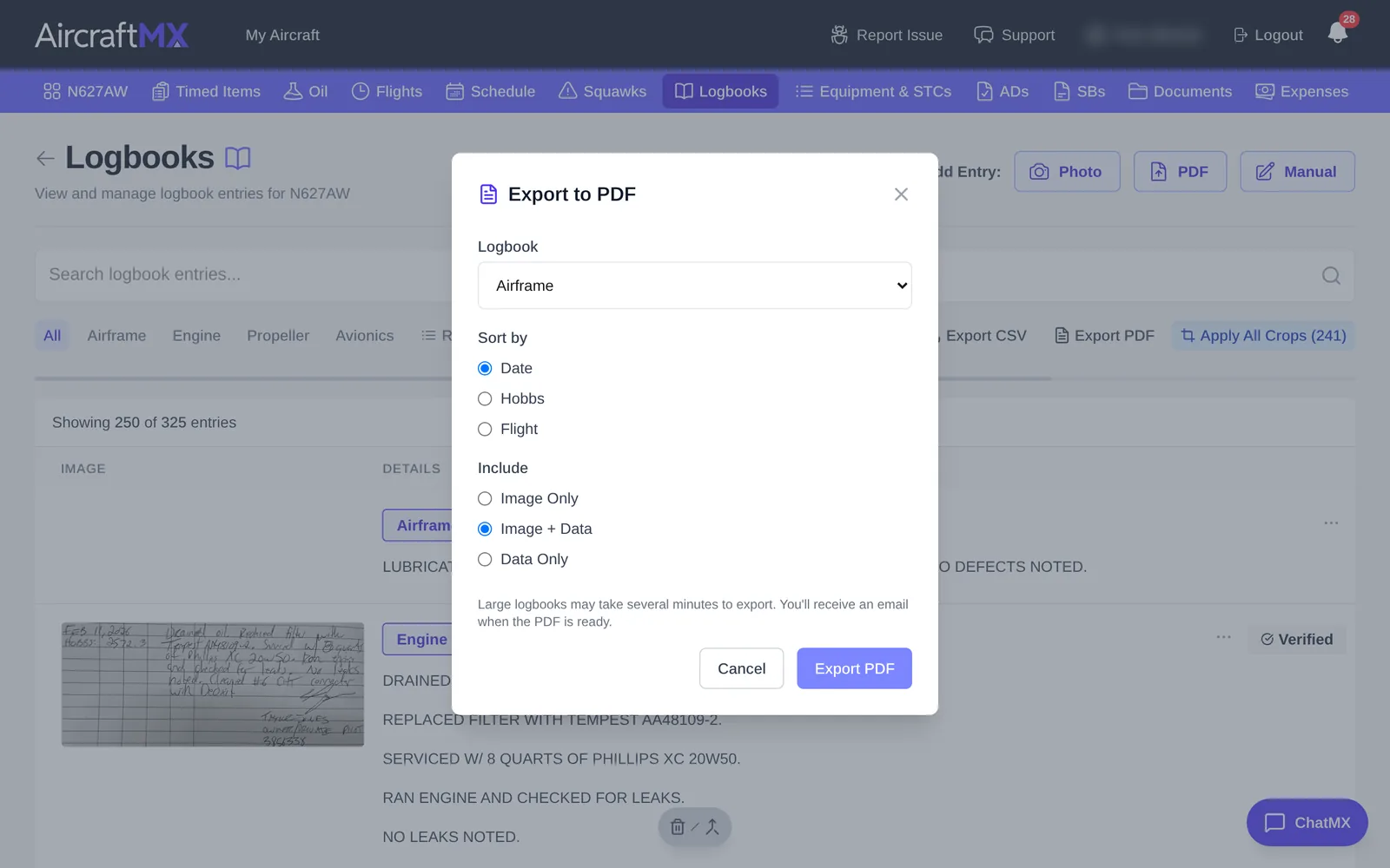 Export to PDF dialog