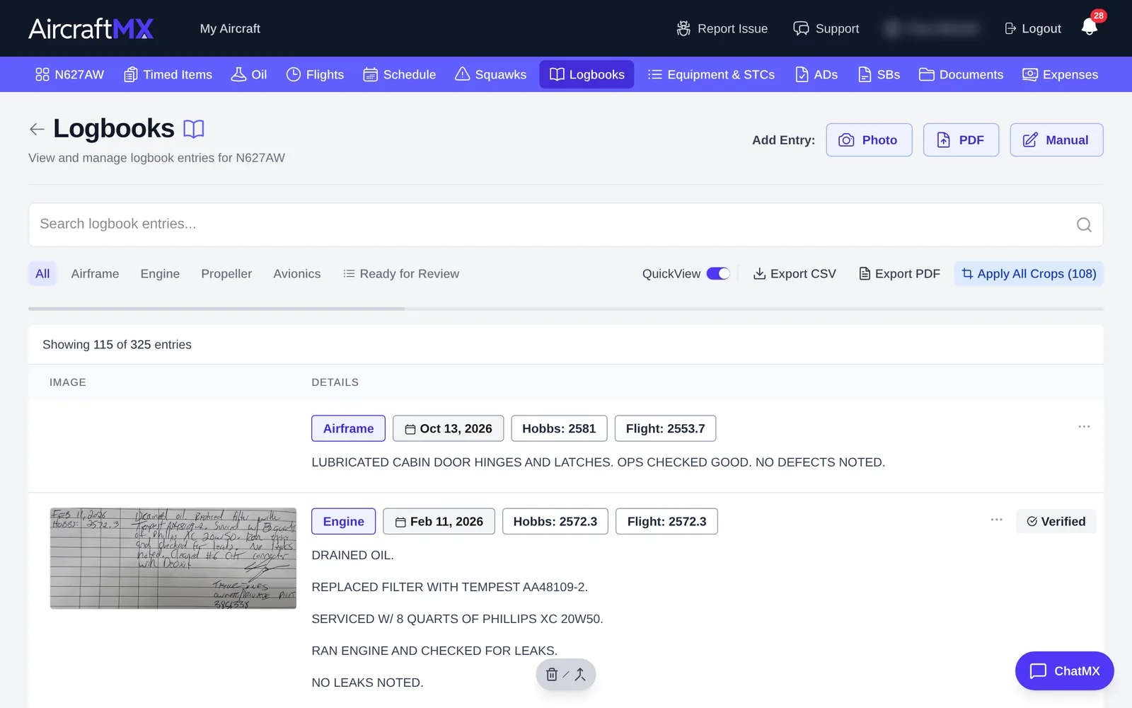 Logbook entries list