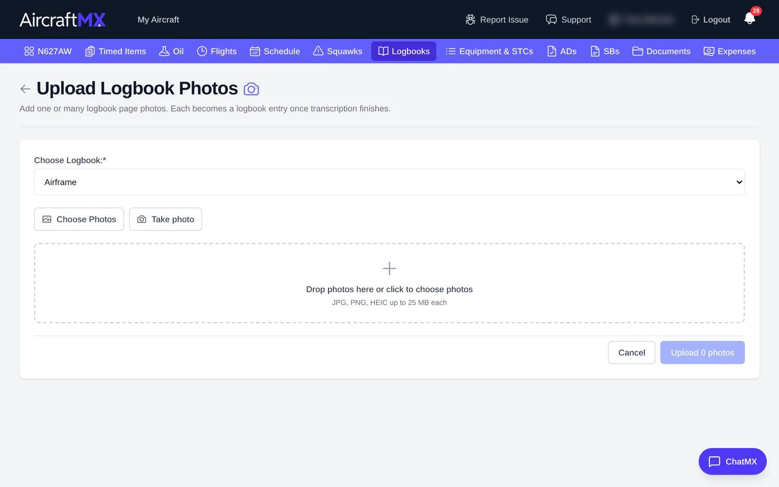 Upload Logbook Photos page