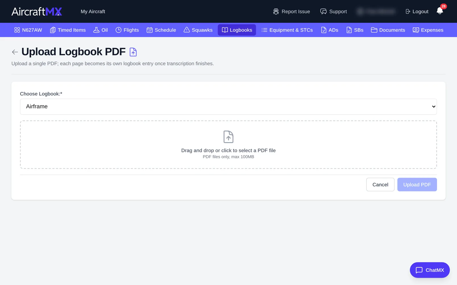 Upload Logbook PDF page