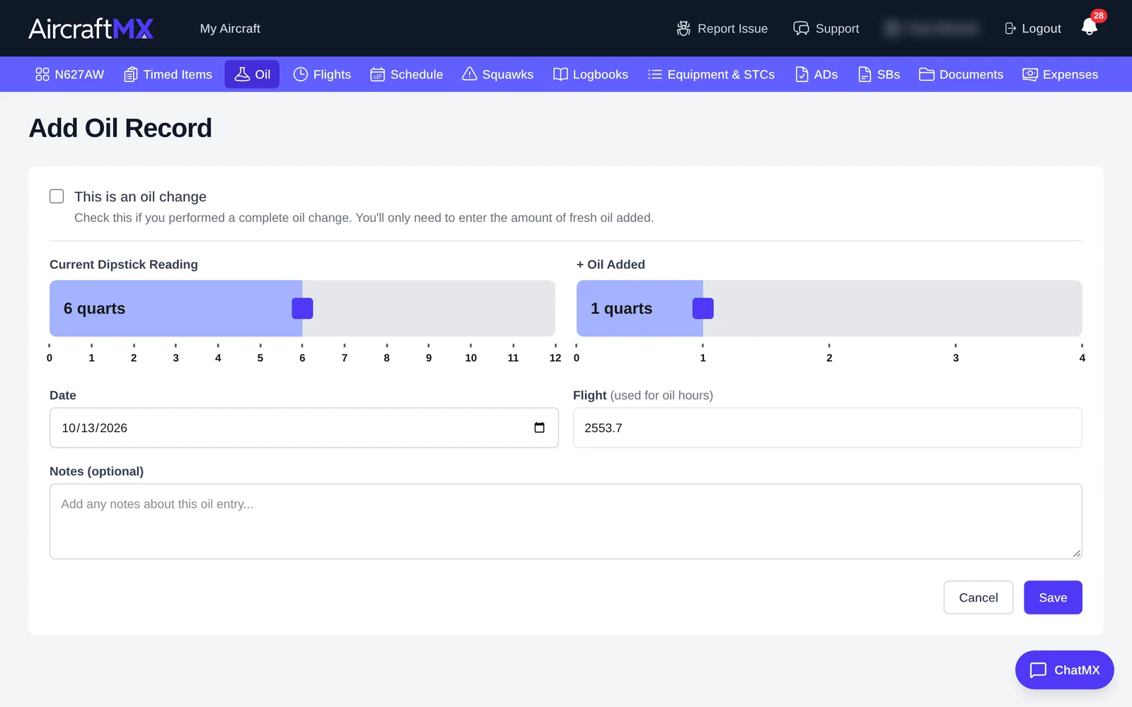 Add Oil Record form