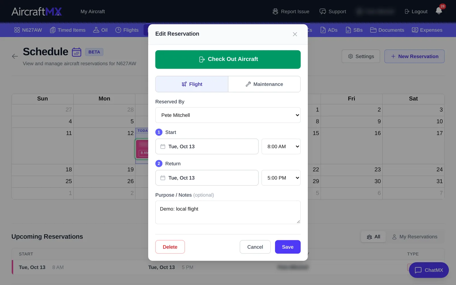 Edit Reservation with Check Out Aircraft
