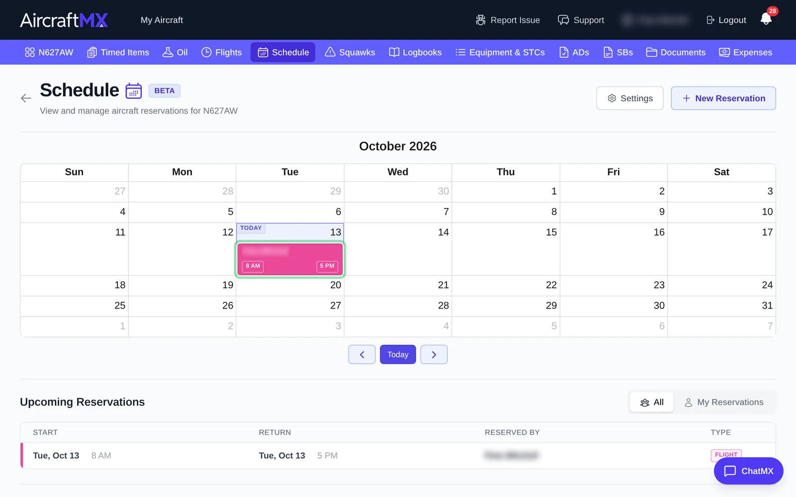 Calendar with the new reservation