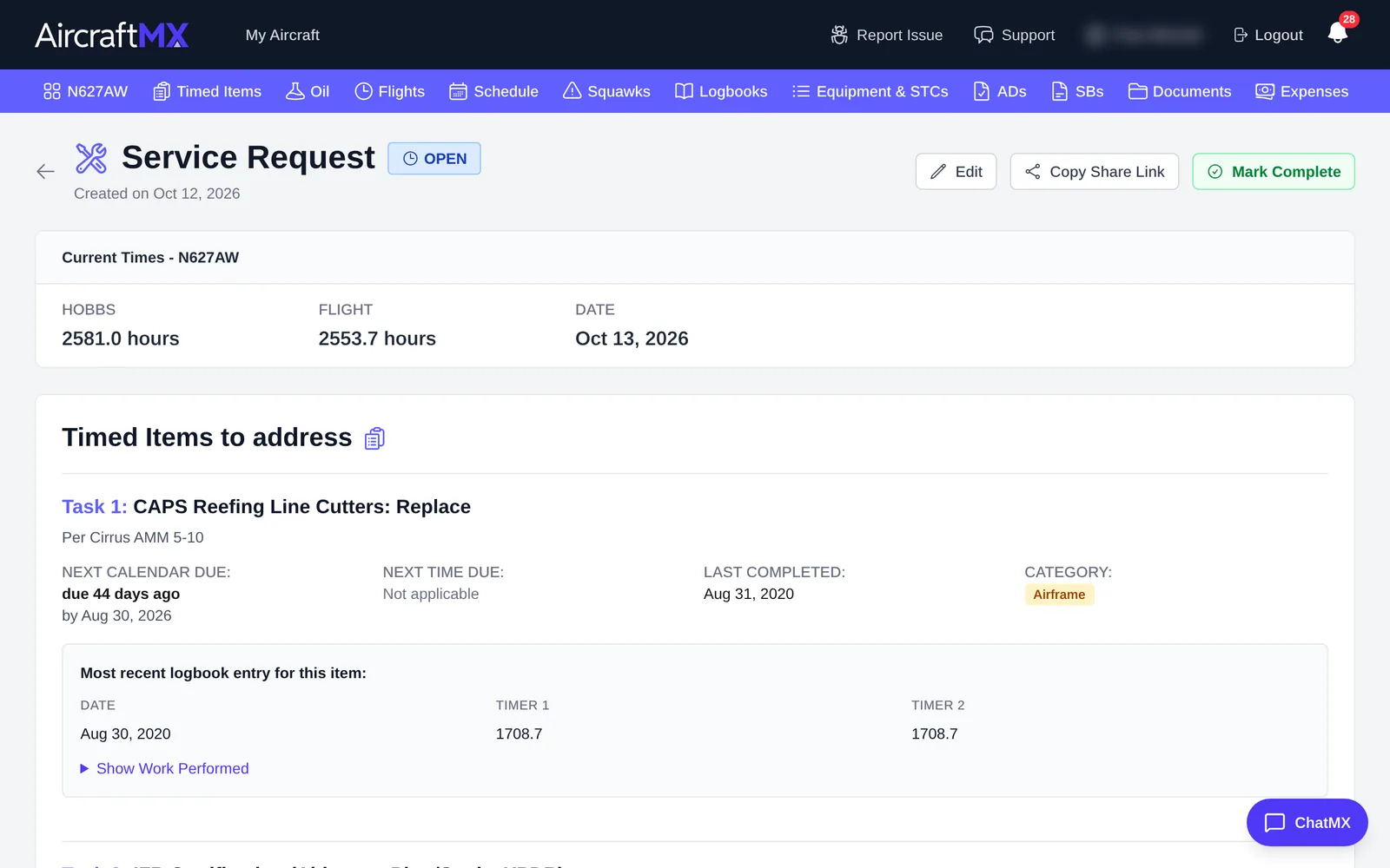 Service request detail with Copy Share Link
