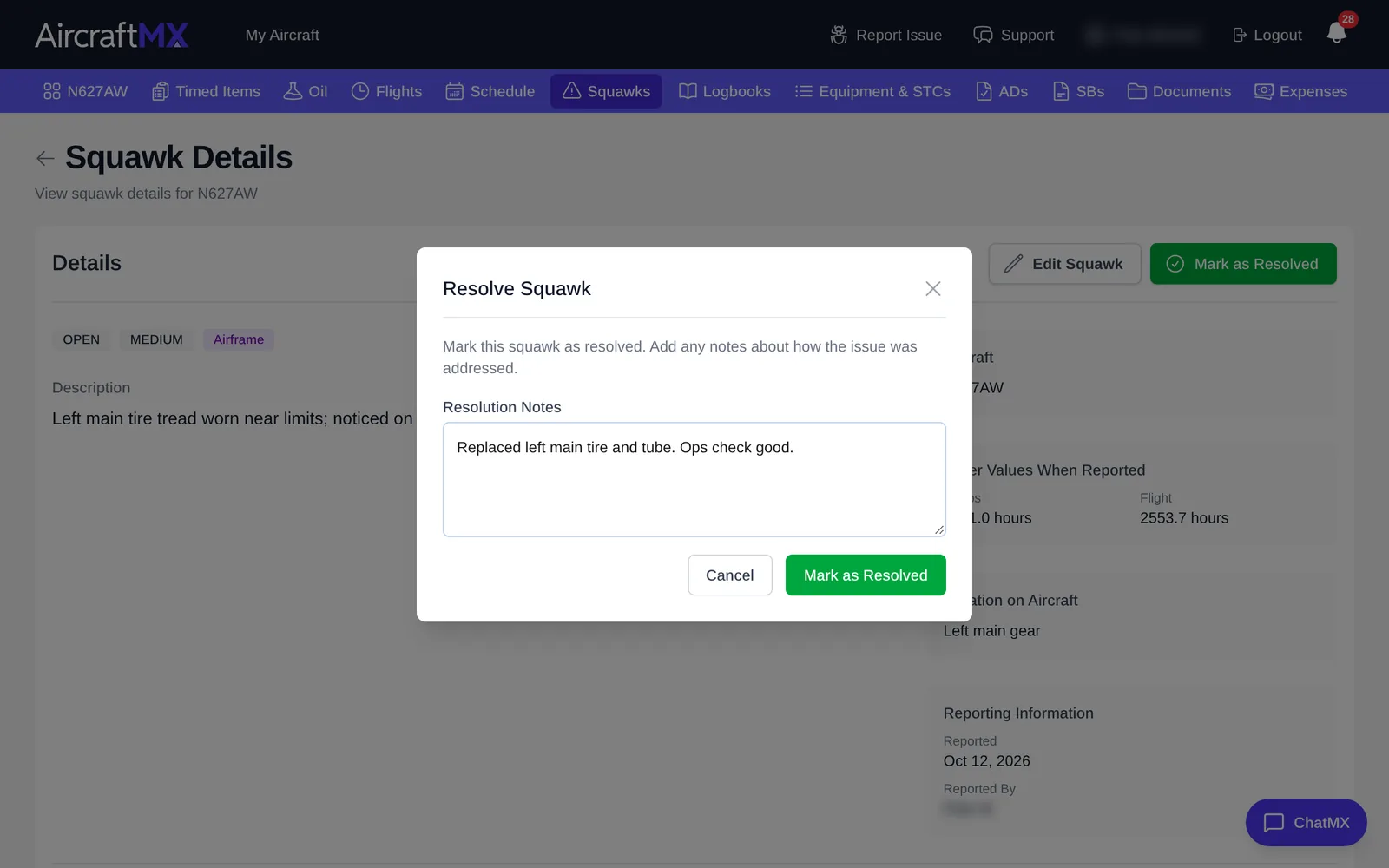 Resolve Squawk dialog