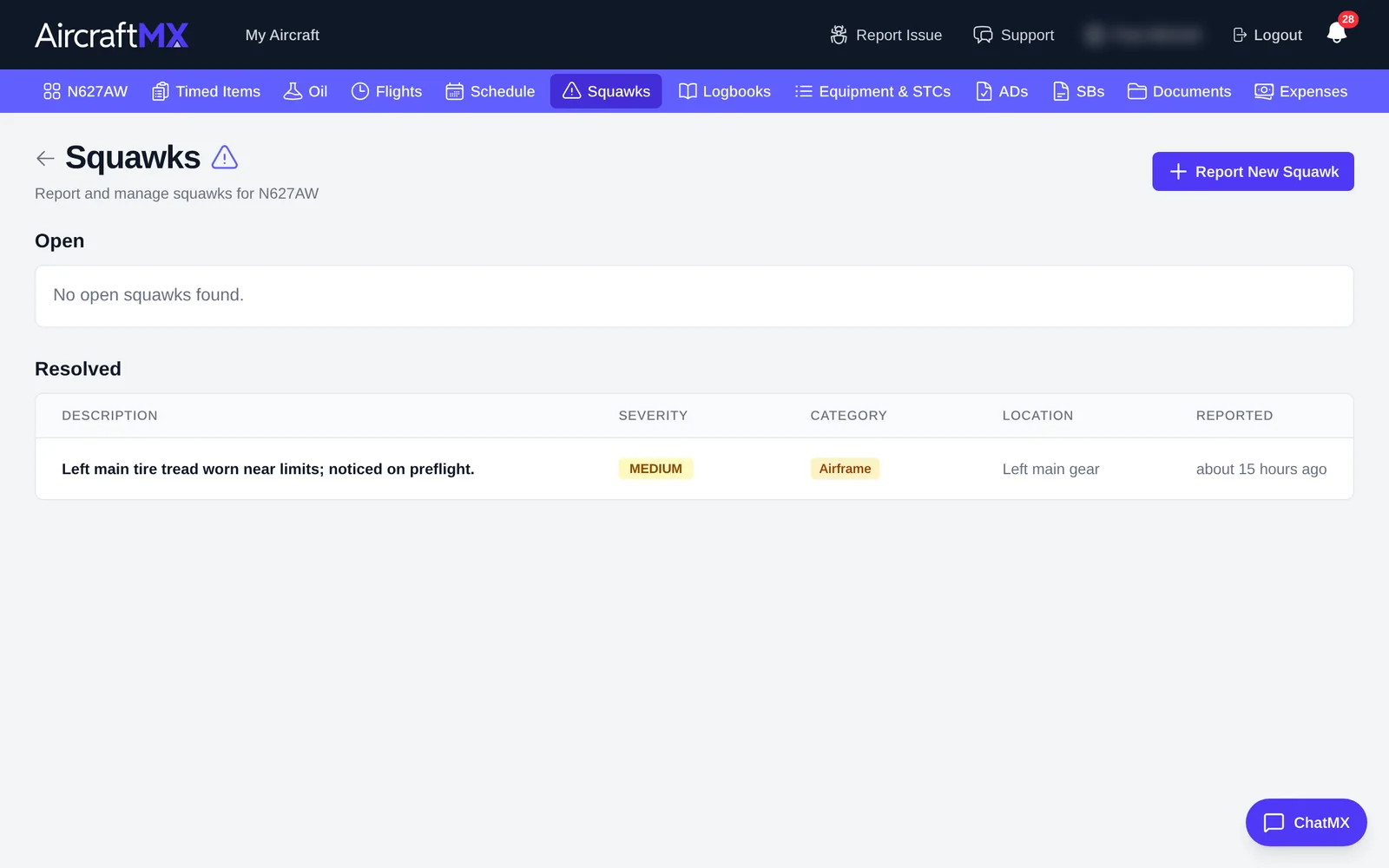 Squawks list with the resolved squawk