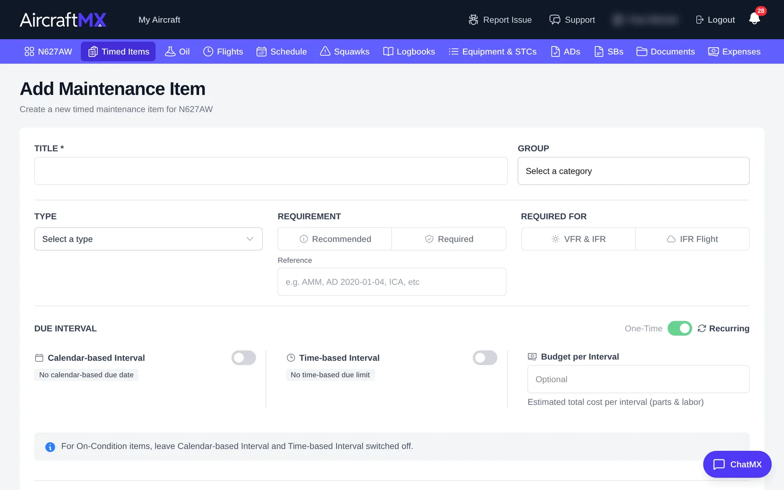 Add Maintenance Item form
