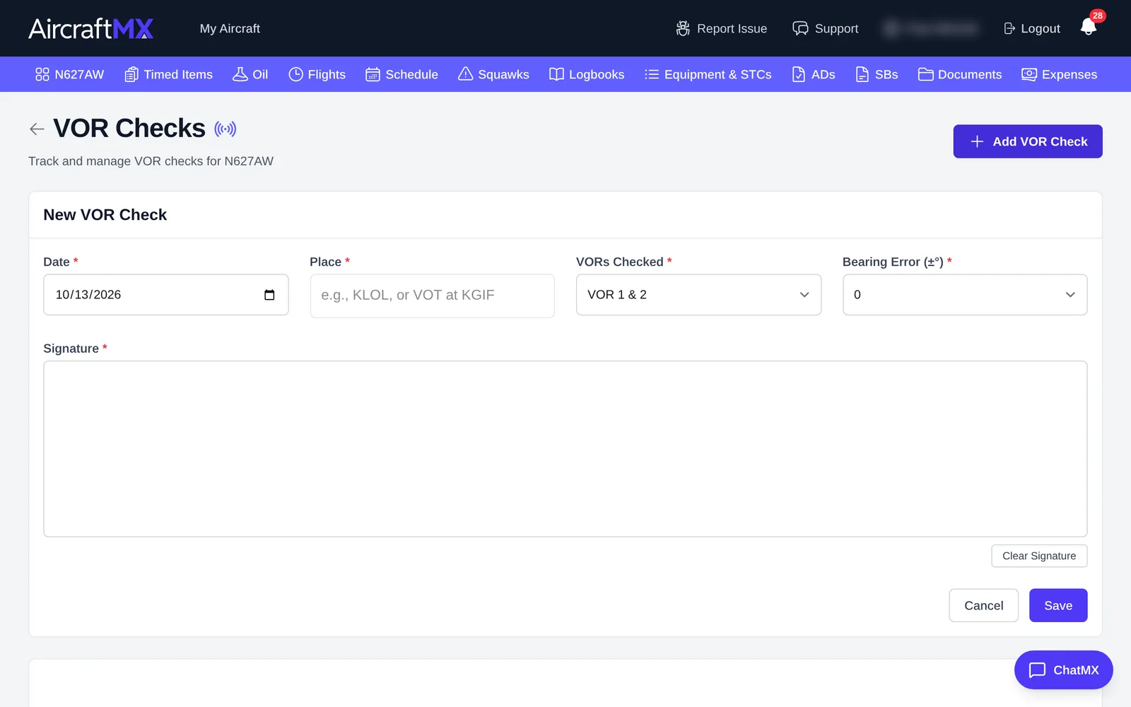 Add VOR Check form